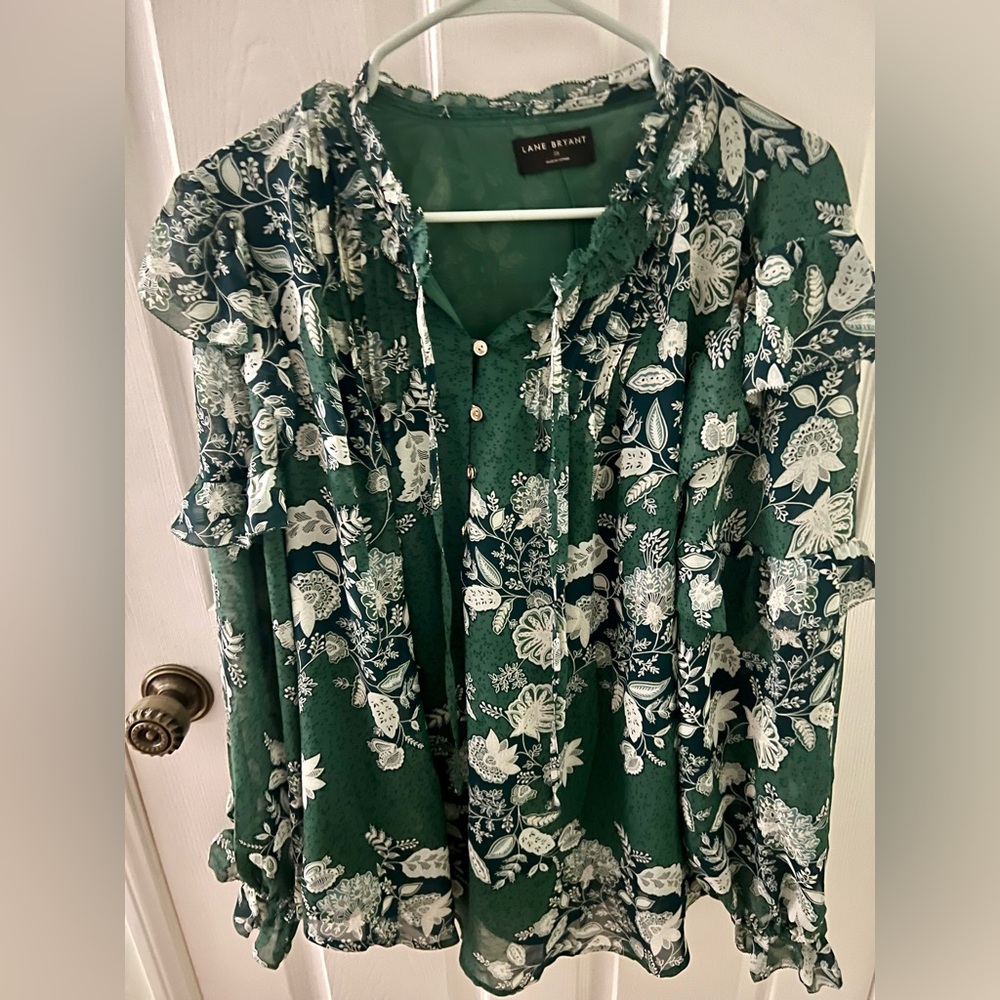 Lane Bryant Green and White Floral Ruffle Blouse, Size 20